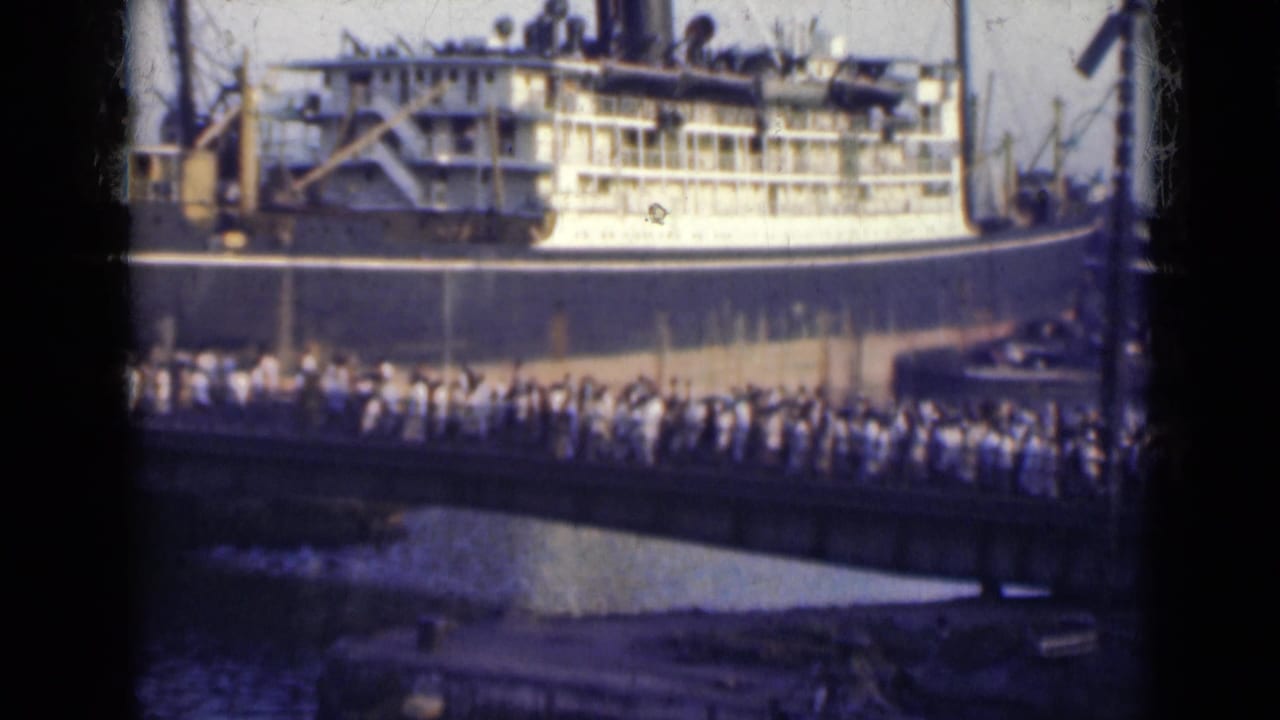 Crowd crossing a dockside bridge toward a large ship at port.