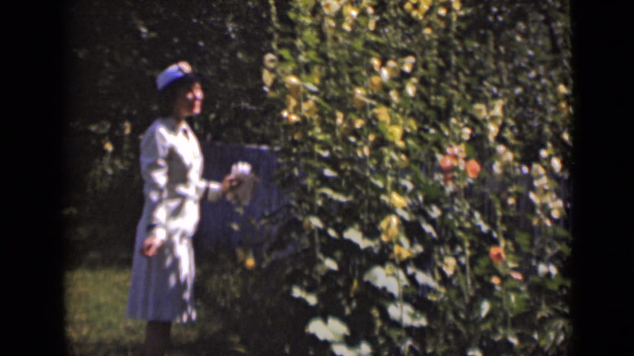 Woman in a light outfit and hat stands beside tall flowering plants in a sunlit garden.