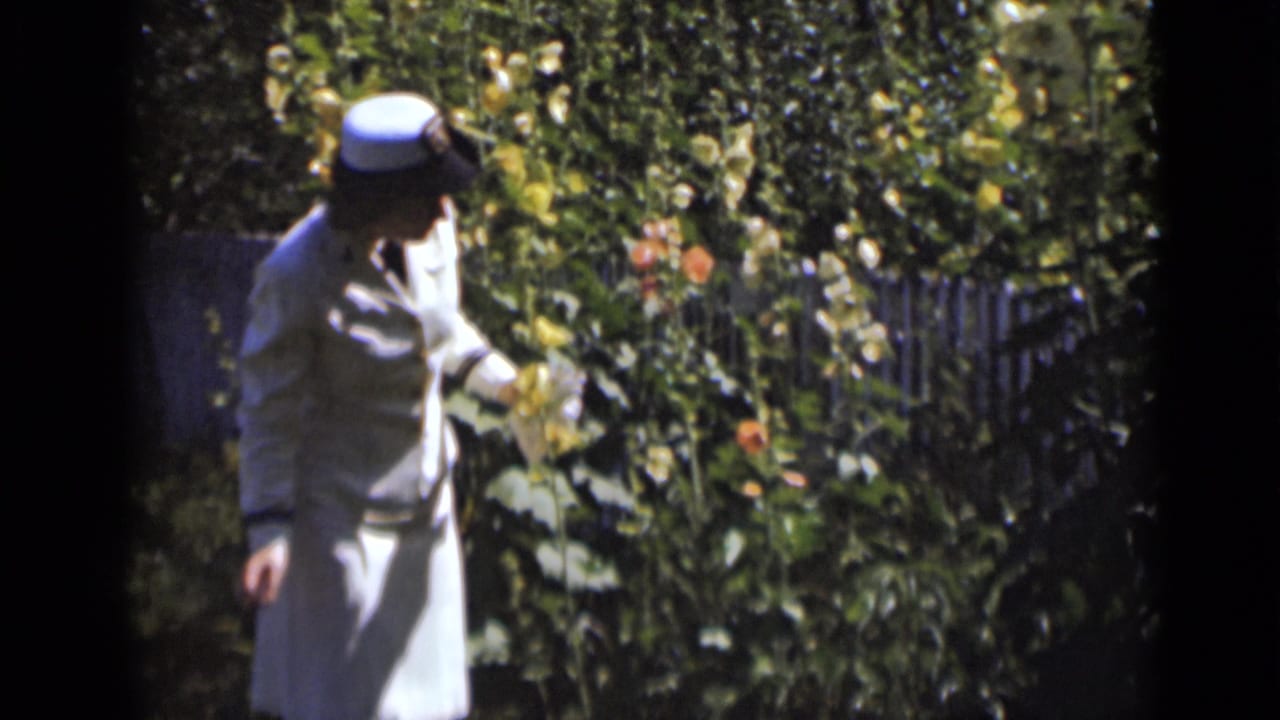 Woman in a light dress and matching hat stands among tall garden flowers.