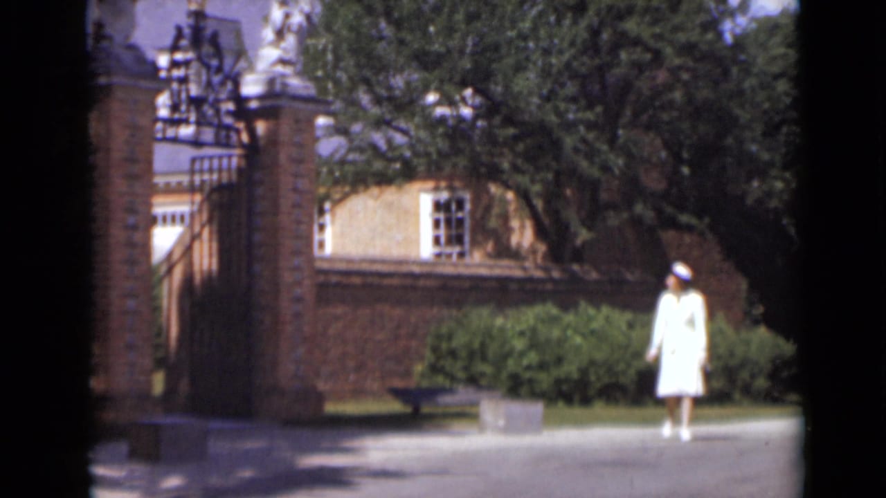 Woman in white stands farther right beside shrubs and a brick wall.