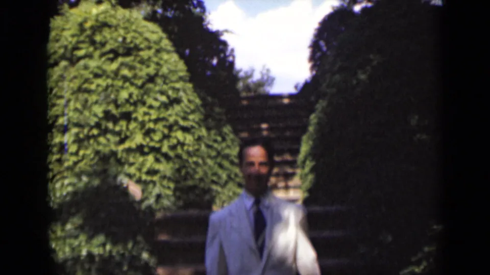 The man appears lower in the frame near the base of the garden steps, with tall shrubs and stair treads behind him.