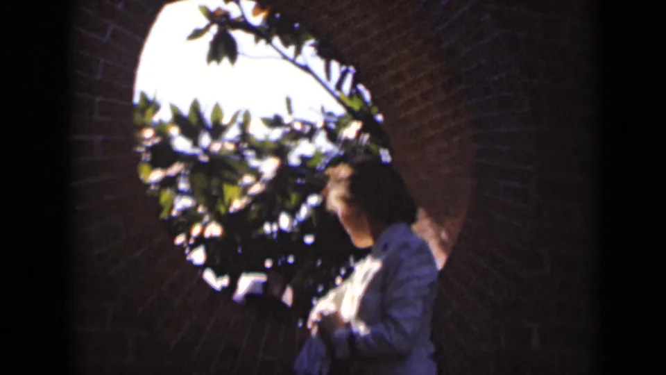 A woman in a light dress stands or turns near a brick archway, with leafy branches silhouetted against the bright opening.