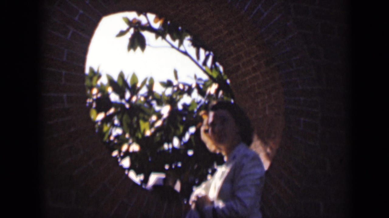 Woman in white uniform and cap standing beneath a brick arch with foliage visible outside.