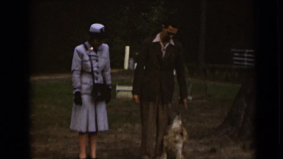 A woman in a light dress and hat walks with a man in a dark suit and a small dog on a grassy path in 1947 New York footage.