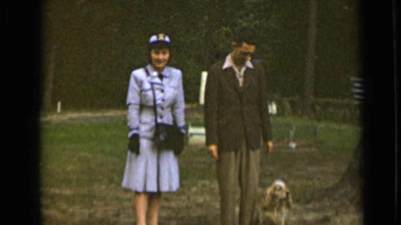 Woman and man stand on grass with a small dog nearby.