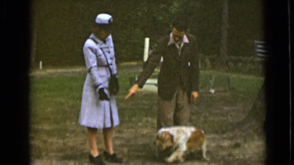 The man gestures toward the small dog on the grass as the woman looks down, continuing the 1947 New York outdoor home-movie scene.