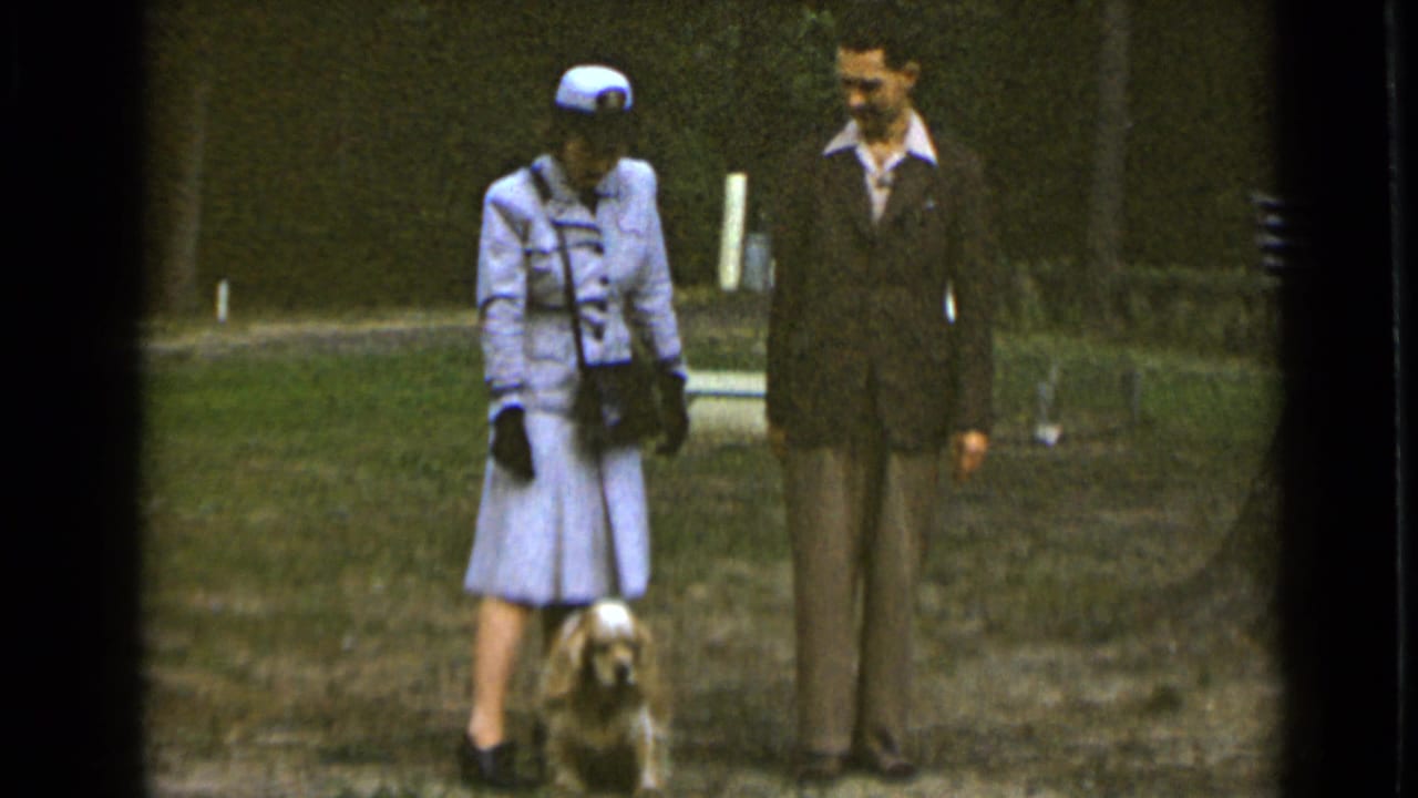 Uniformed woman and suited man stand as the small dog faces forward near their feet.