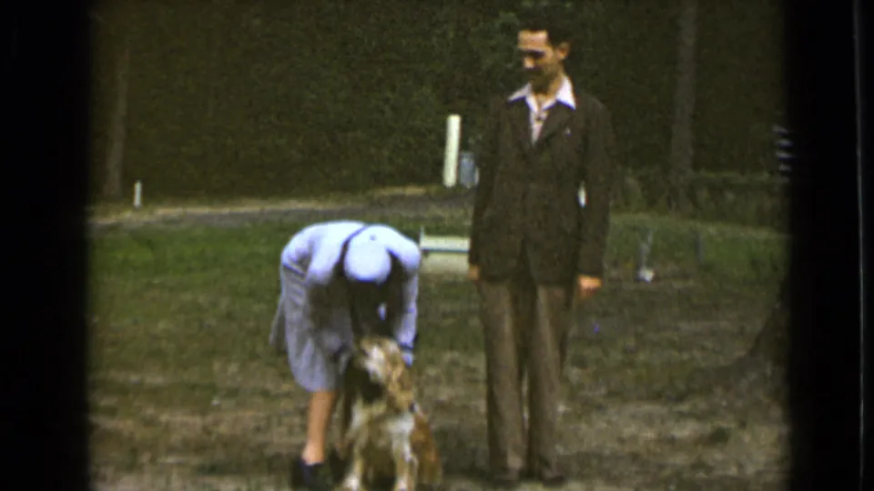 The final frame shows the uniformed woman petting the small brown and white dog while the suited man watches in the park.