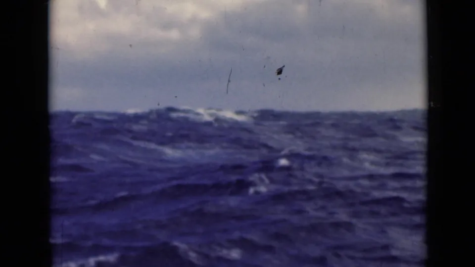 Dark blue ocean swells dominate the frame below a gray overcast sky, with whitecaps, grain, dust, and rounded gate edges visible.