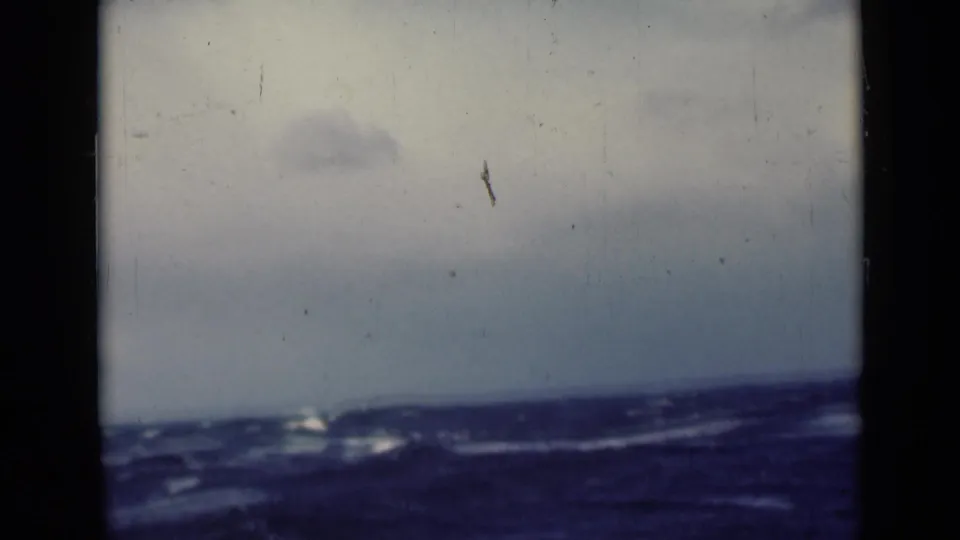Open sea described as Persian Gulf footage, showing rolling dark water, whitecaps, and a muted cloudy sky on 8mm film.