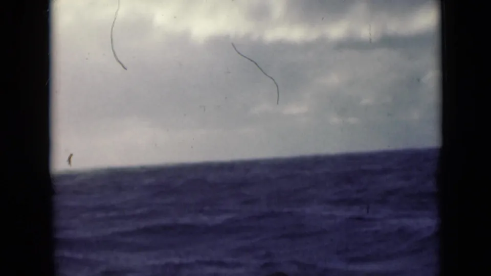 Faded color 8mm view of rolling sea and cloud cover, with ship structure or shadow dividing the frame.