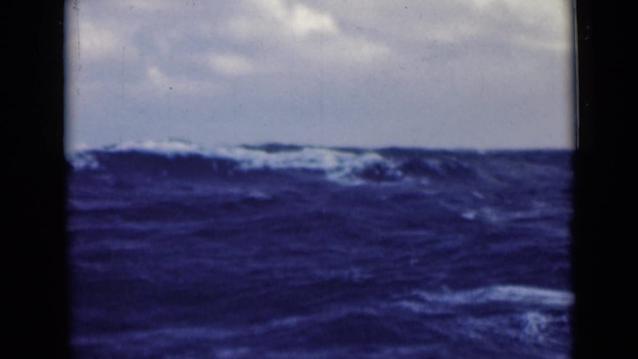 Dark blue ocean waves with white foam beneath a pale cloudy sky.