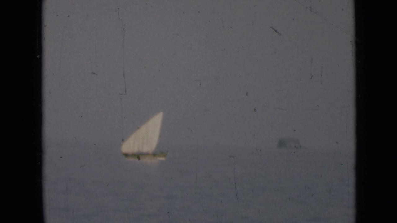 Small sailboat with a white triangular sail on hazy calm water.