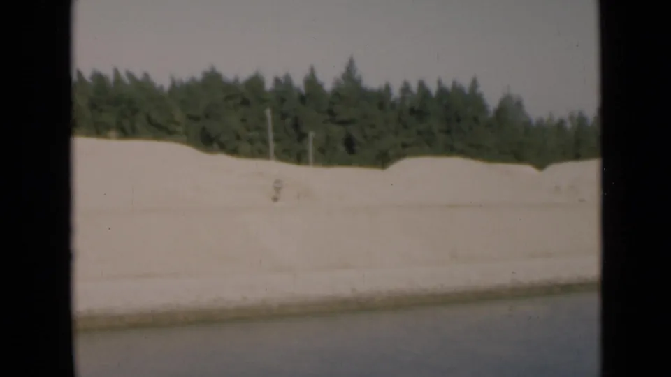 Suez Canal shoreline in 1946, showing a pale sandy bank, calm water and a dark tree line beyond the embankment.