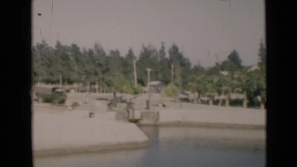 1946 Suez Canal frame with a concrete embankment, still water, trees, utility poles, and small roadside structures in soft 8mm color.