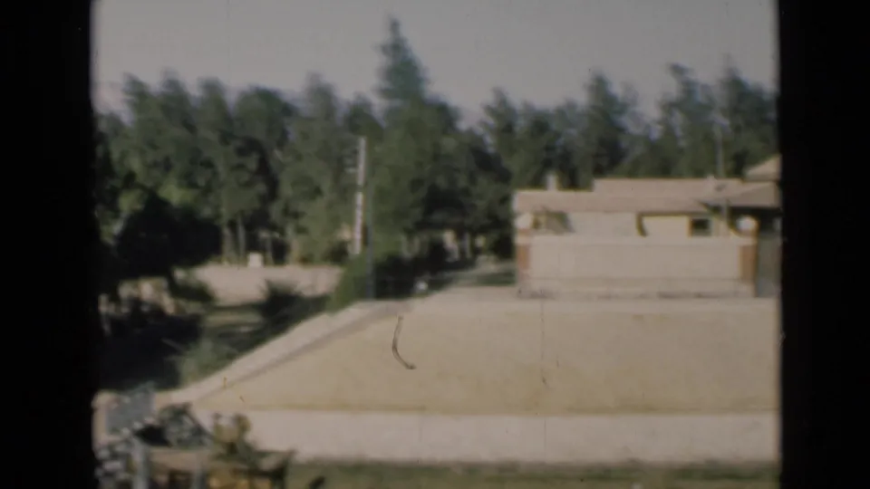 1946 Suez Canal frame with a low pale house, broad yard, dense trees, and an unpaved roadside area.