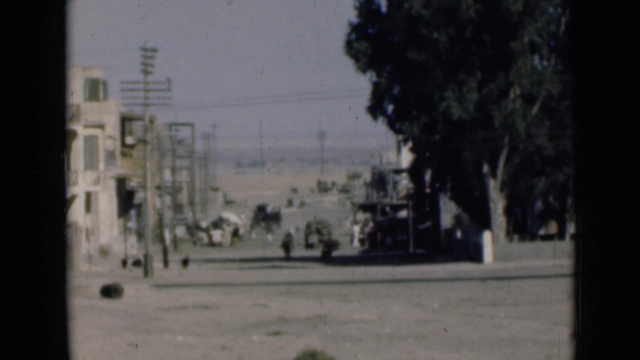 Dusty street with pale buildings, utility poles, trees, pedestrians, and vehicles in the distance.