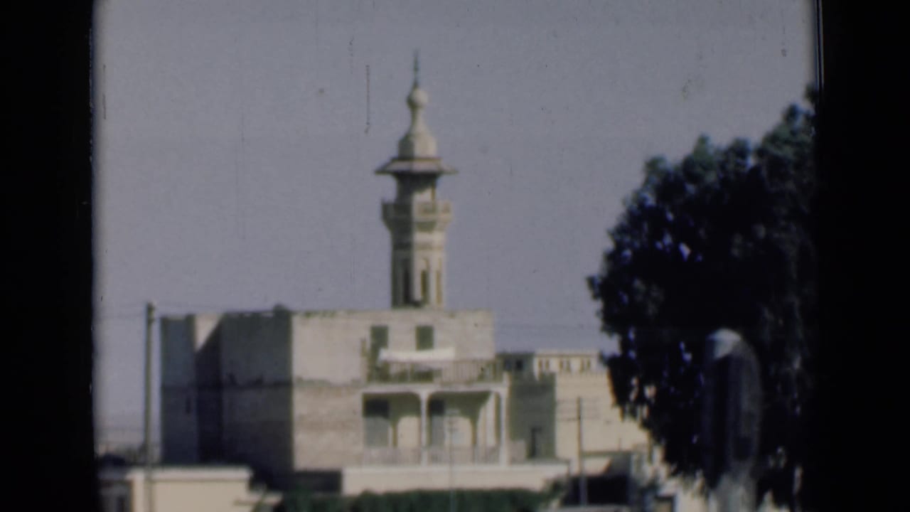 Minaret-topped building seen across a roadside area with a large tree at right.