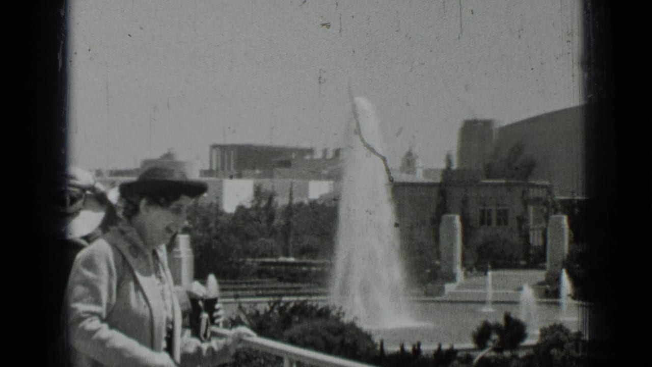 A woman in a dark hat stands near a railing with a large fountain behind her.