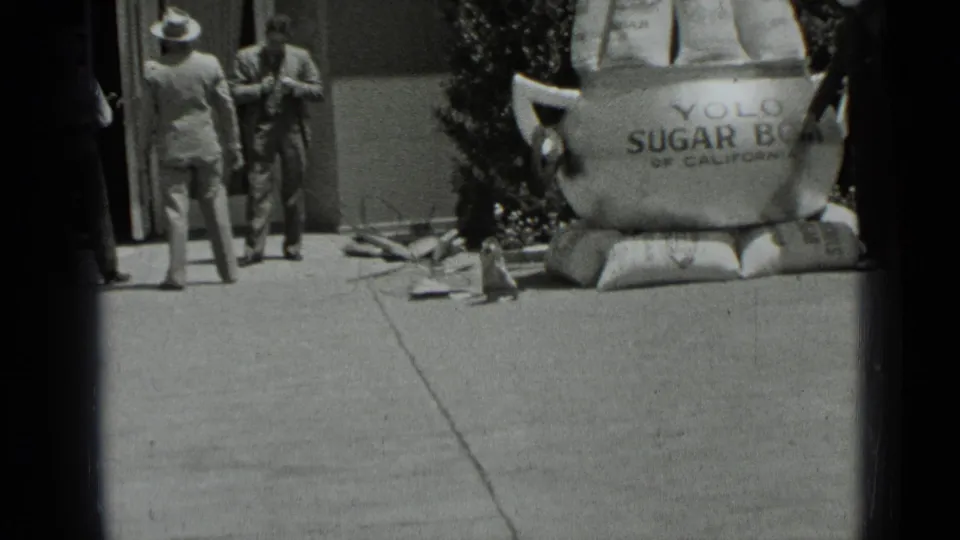 1937 San Francisco street frame with men in period suits beside a large Yolo Sugar Bowl of California advertising prop and sacks.