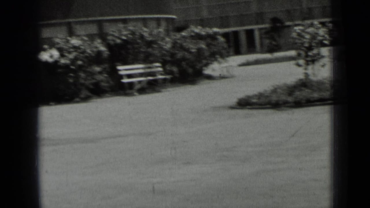 Paved outdoor area with benches, shrubs, and part of a building in black-and-white film.