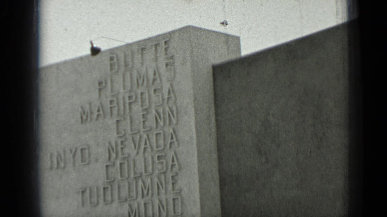 Engraved stone wall with county names and part of a dark vertical obstruction.