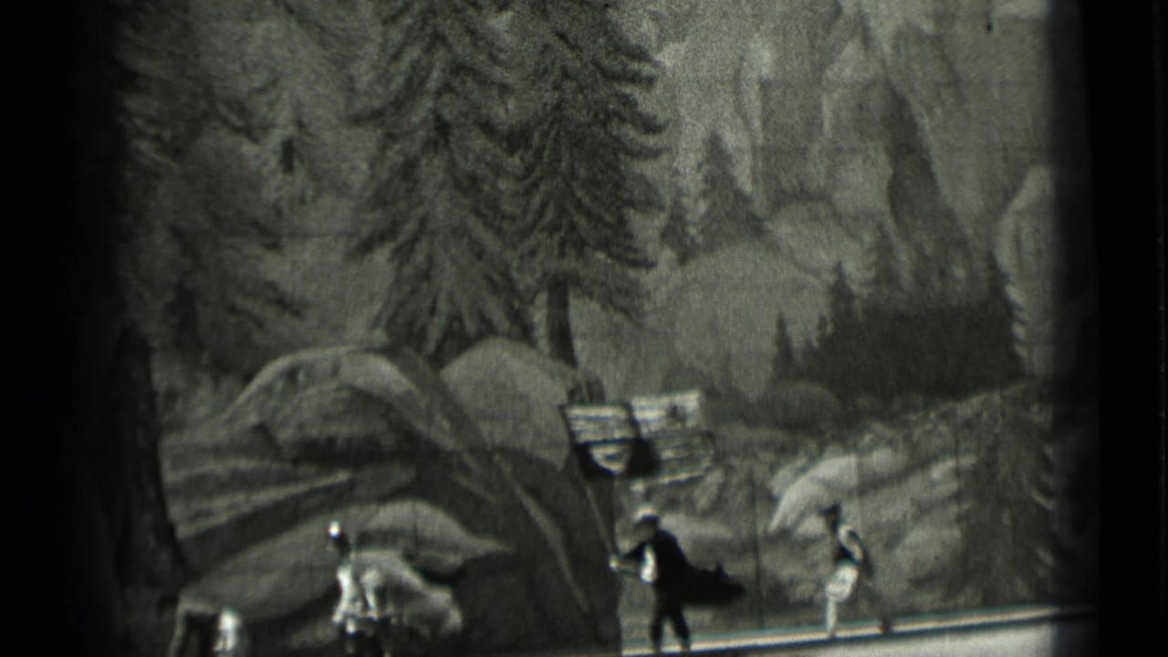 Miniature armored figures march before a painted forest and mountain backdrop.