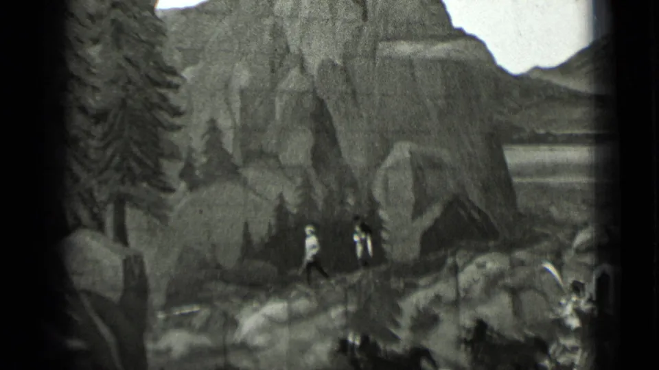 Costumed performers move across a rocky stage area in the 1937 San Francisco Western play footage.