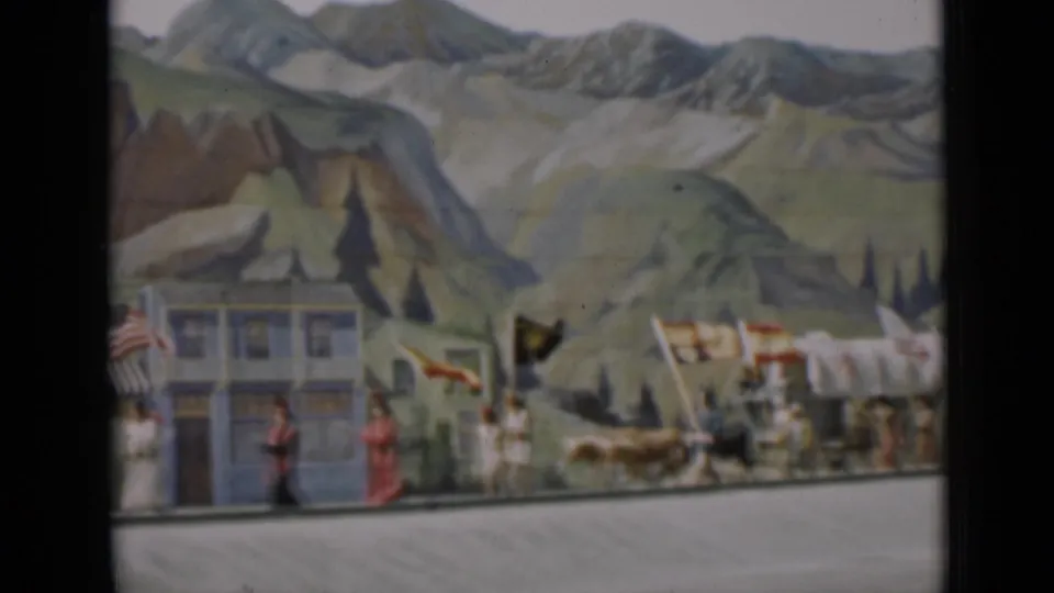 1937 San Francisco parade scene with flag bearers, costumed walkers, horses, and a painted mountain backdrop.