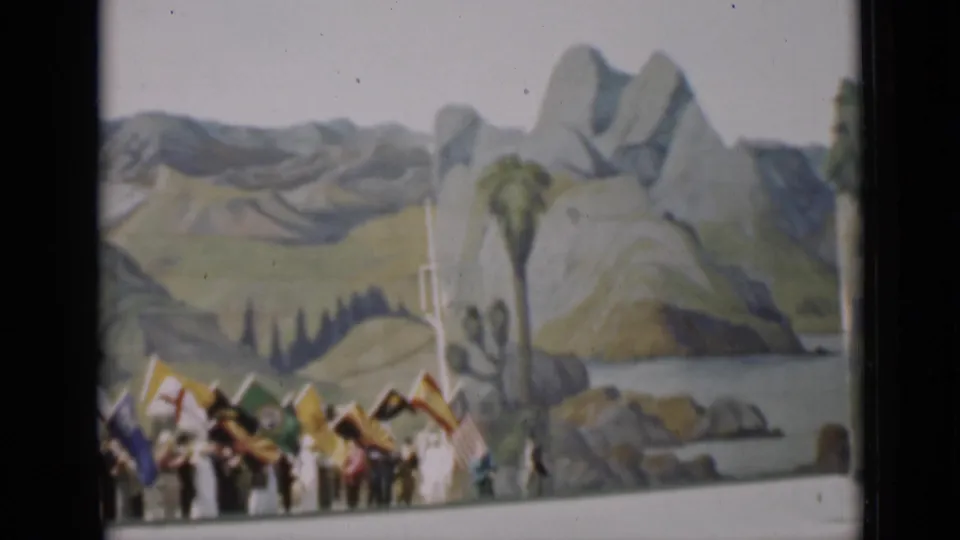The final frame shows a smaller cluster of flag bearers beside painted mountains, palm-like scenery, and a curved foreground edge.