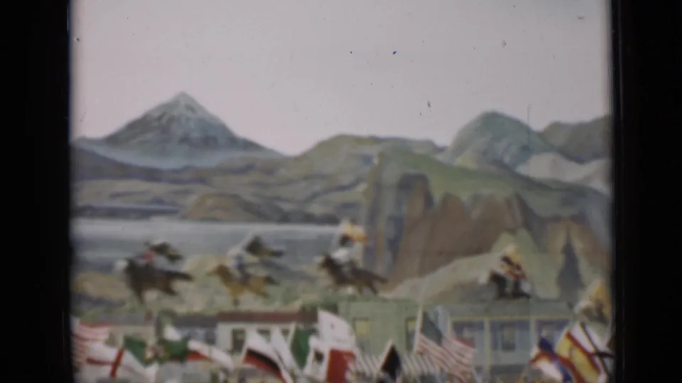 Horseback riders pass across the lower frame while national flags and a scenic painted backdrop define the 1937 San Francisco parade view.