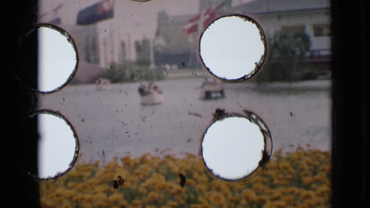 1937 San Francisco garden scene with marigolds and paddle boats partly obscured by dark vertical edges and round openings.