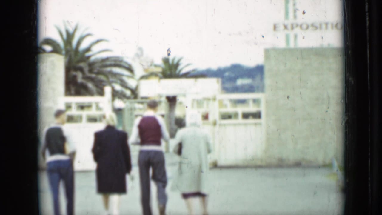 Four visitors walk away from the camera toward the Exposition Entrance in San Francisco, with palm trees and pale entrance structures visible.