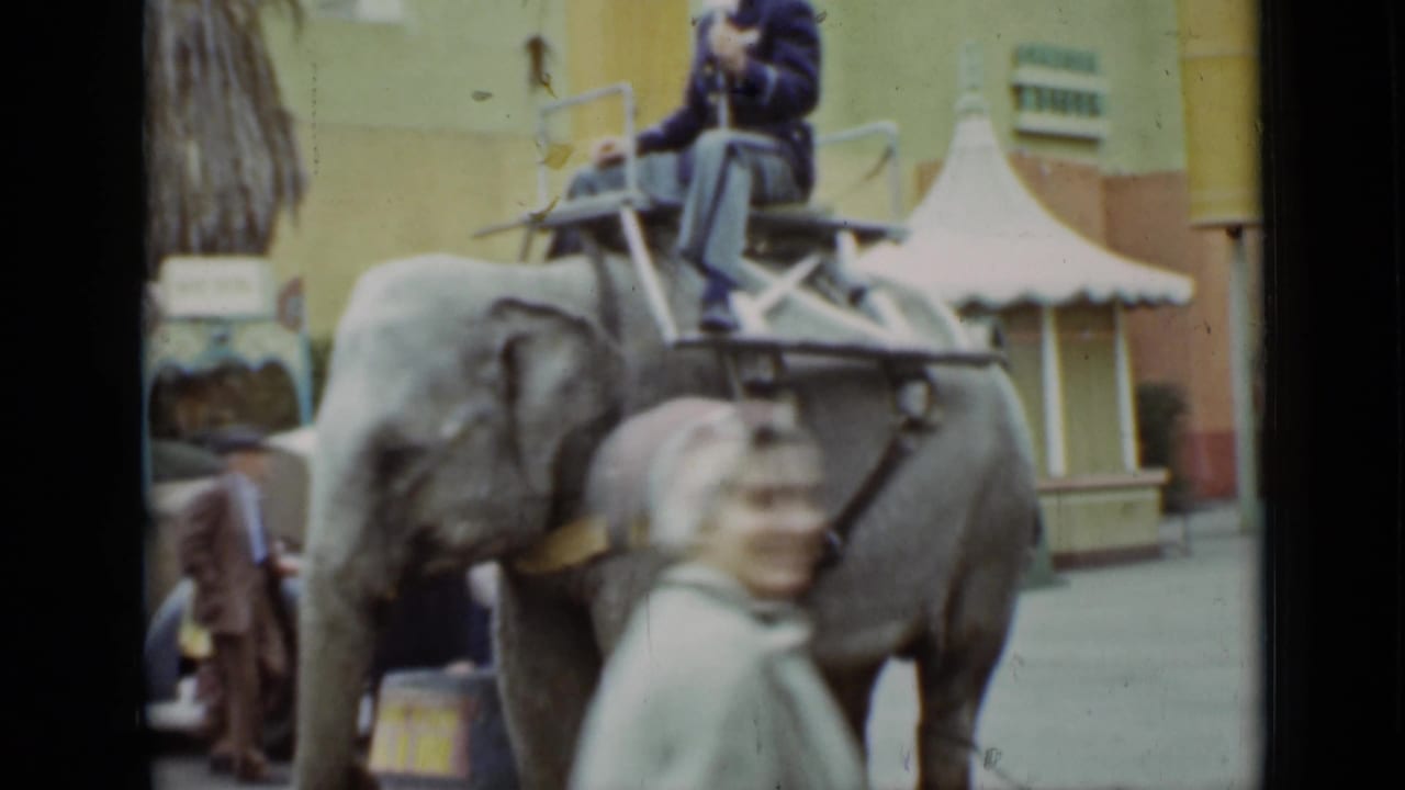 1937 San Francisco street scene with a man riding a saddled elephant while a smiling woman crosses the foreground.
