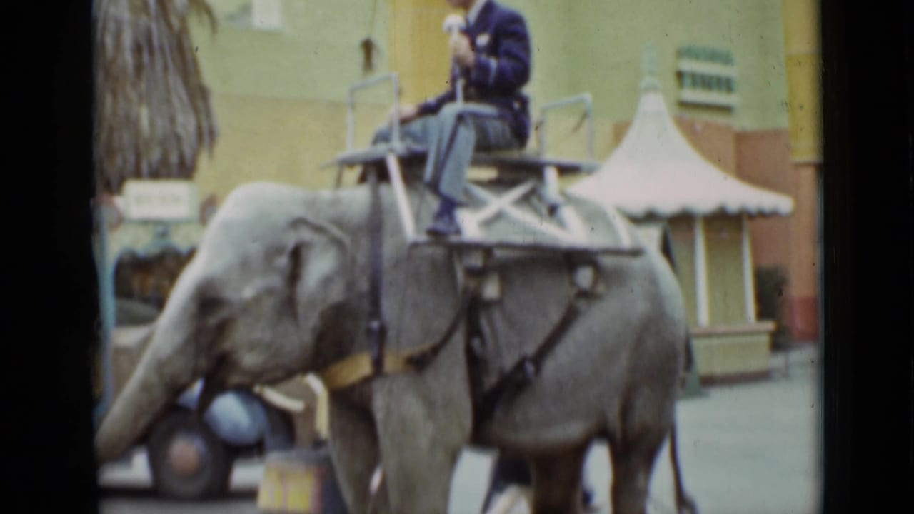 1937 San Francisco home-movie frame showing a saddled elephant with a male rider moving past buildings and a vintage car.