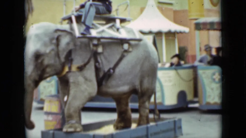 1937 San Francisco home-movie frame showing a harnessed young elephant carrying a rider near a small fairground booth.