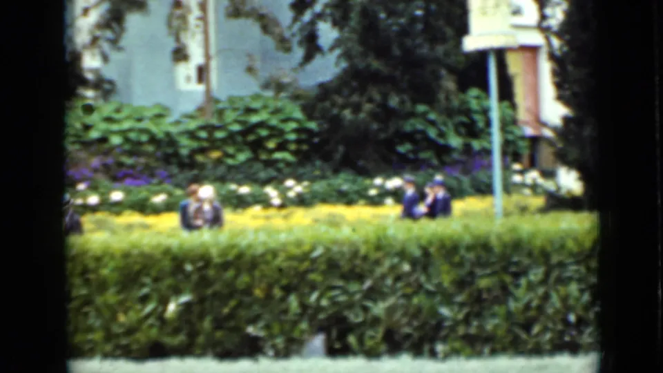 1937 San Francisco park view with seated visitors behind a hedge, yellow flowers, trees, and part of a fountain at the edge.