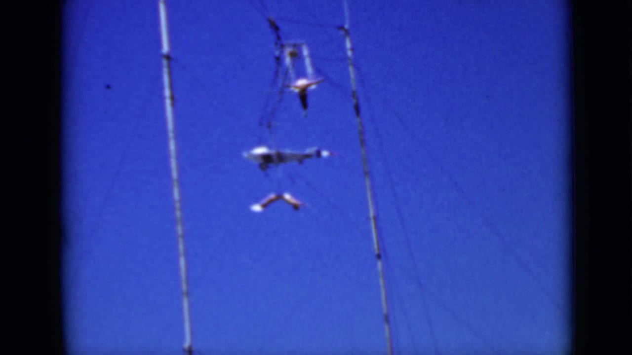 Two aerial performers suspended near tall rigging poles against a blue sky.