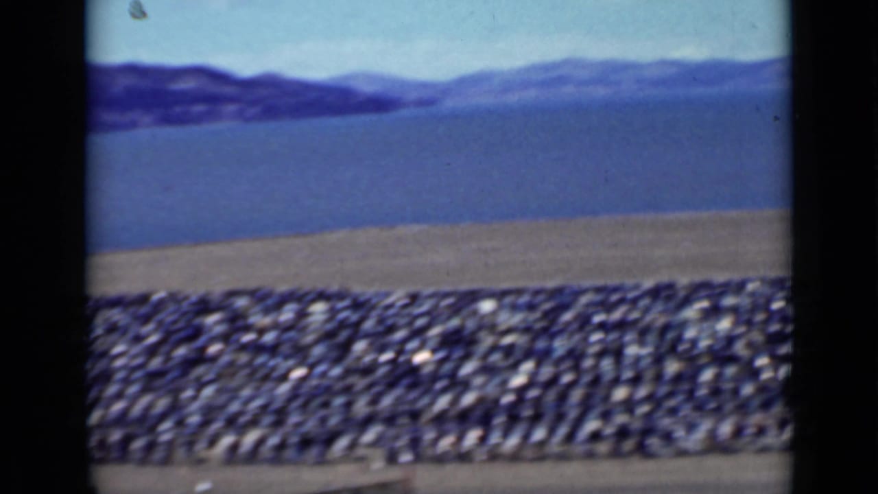 Elevated view of bay water, distant hills, shoreline, and a dense parking lot.