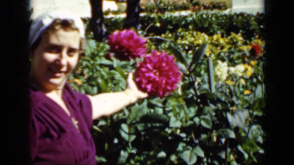 In the final frame, the woman smiles toward the camera with her hand near pink dahlias, surrounded by dense garden greenery.