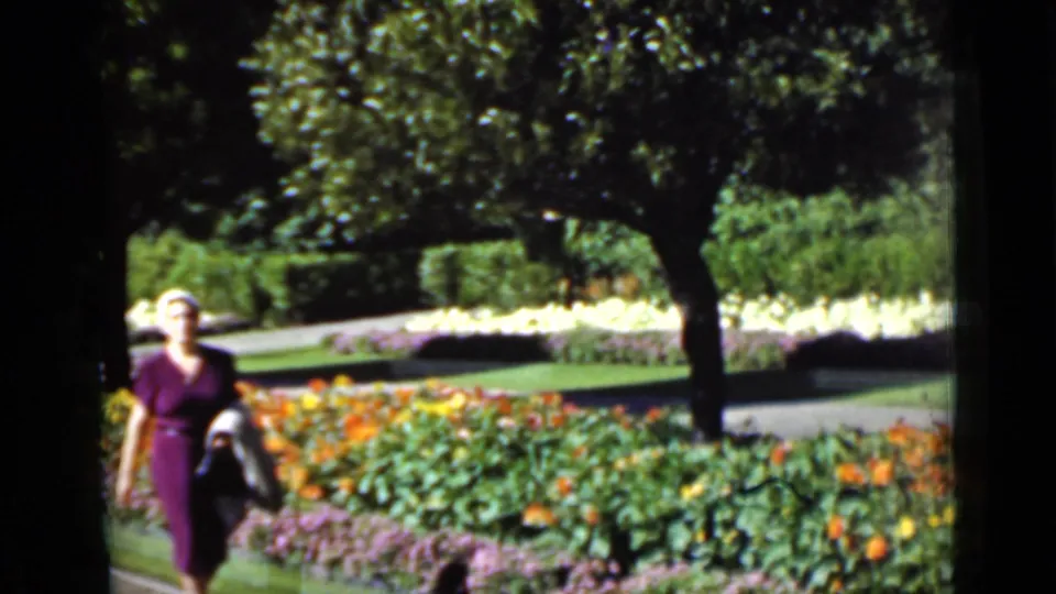 The woman in a purple dress and white hat approaches along a landscaped path, with flowers, trees, and hedges in the background.