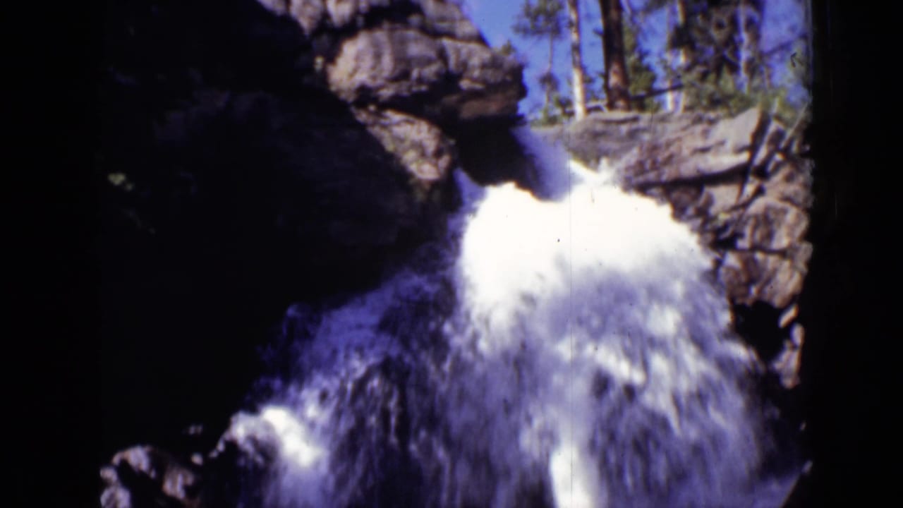 Bright cascade rushes down a shadowed rock face with trees above.