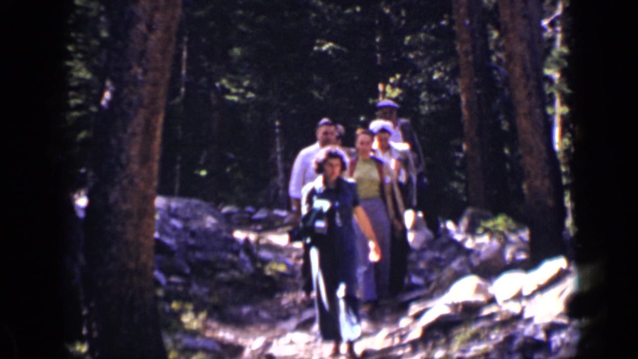Group of adult hikers walking toward the camera on a rocky forest trail.