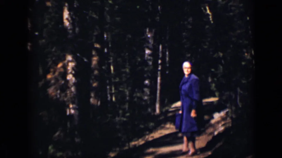 In the clearest frame, a woman in a blue coat and handbag stands on a wooded Colorado path with sunlit tree trunks behind her.