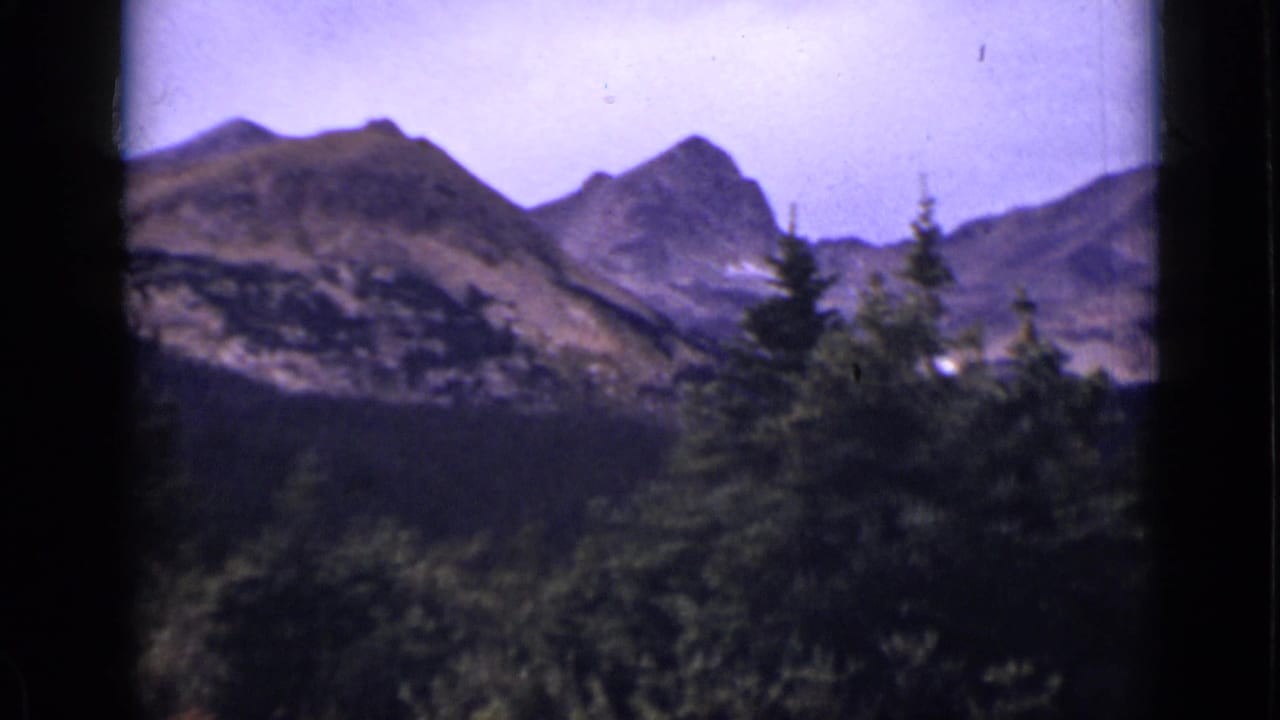 Mountain ridge and evergreen treetops framed by dark vertical film edges.