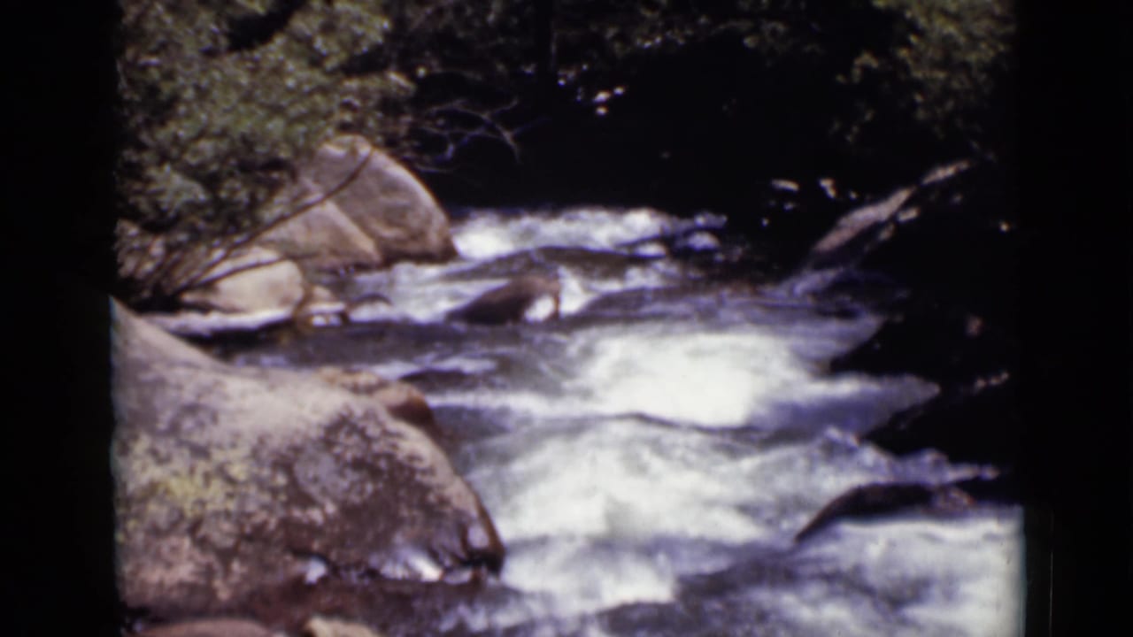 1938 Colorado 8mm frame showing whitewater moving through a rocky, shaded forest creek.