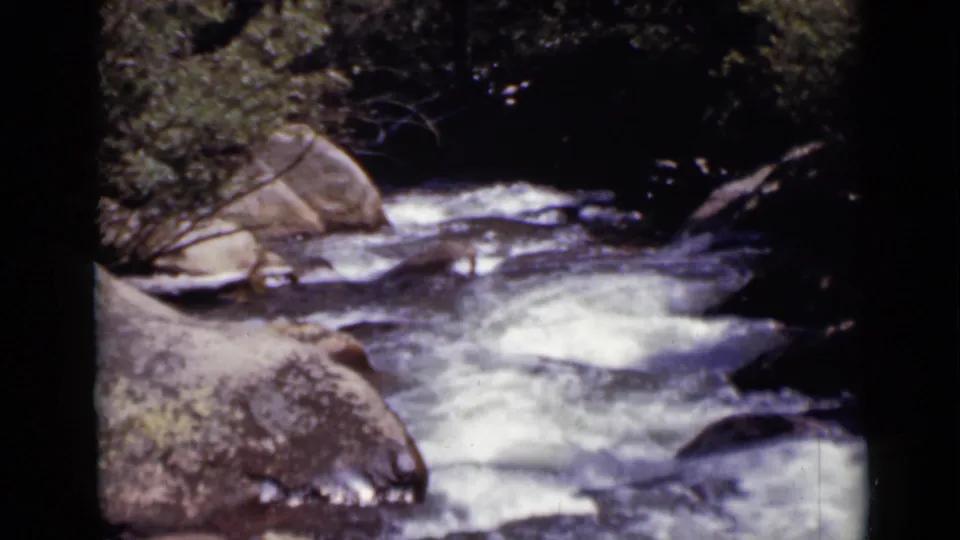Colorado mountain creek in vintage 8mm color, with foaming water flowing past boulders in deep shade.