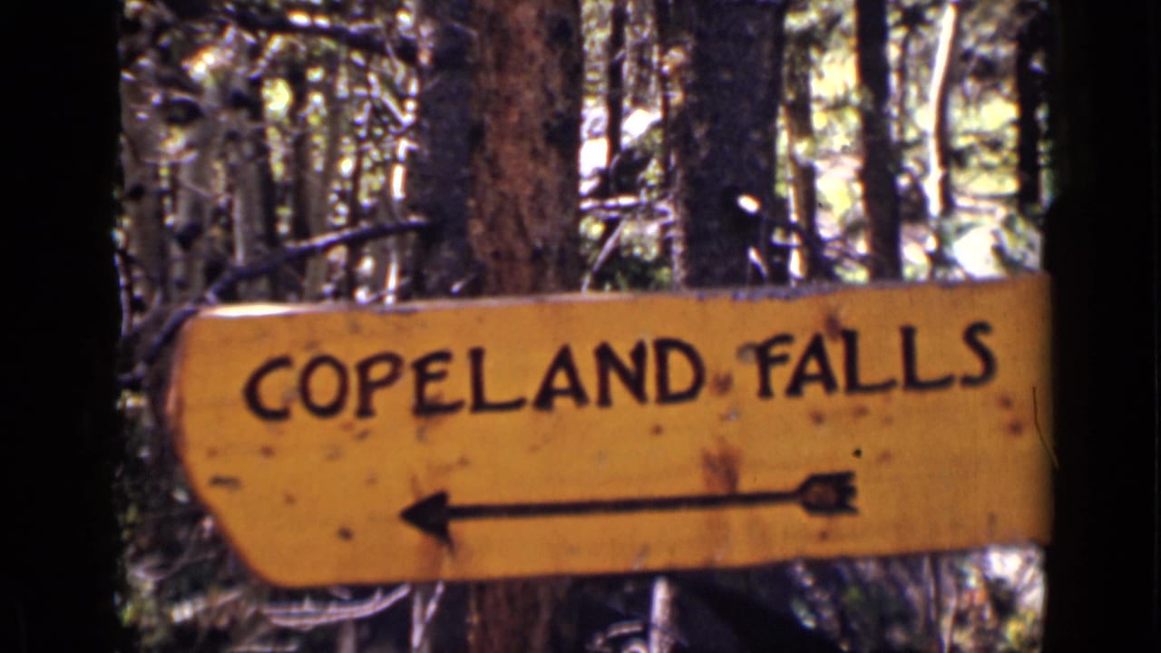 1938 Colorado 8mm frame showing a yellow wooden Copeland Falls sign with a black left arrow among trees.