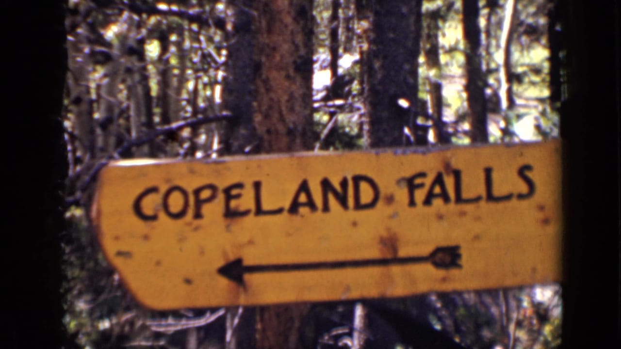 1938 Colorado 8mm frame with the Copeland Falls sign held close in view against dense trees.