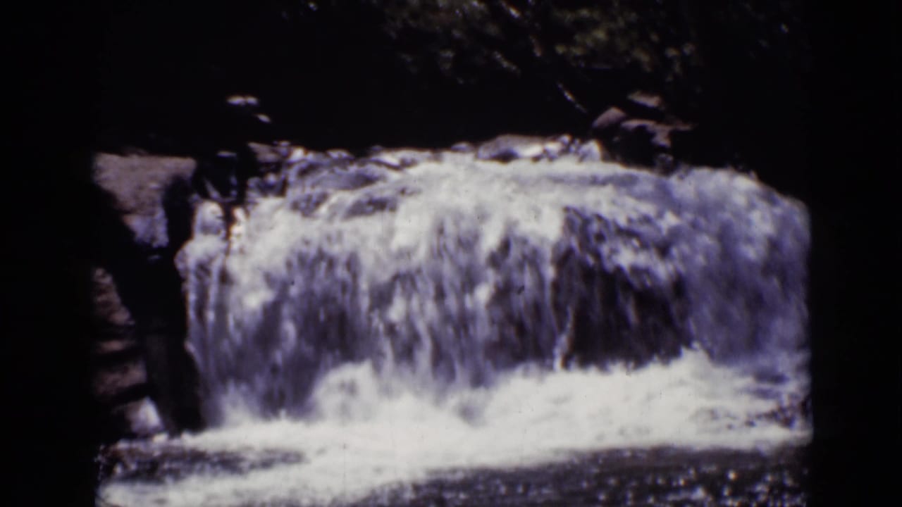 Small waterfall spilling over a rock ledge in a shaded forest stream.